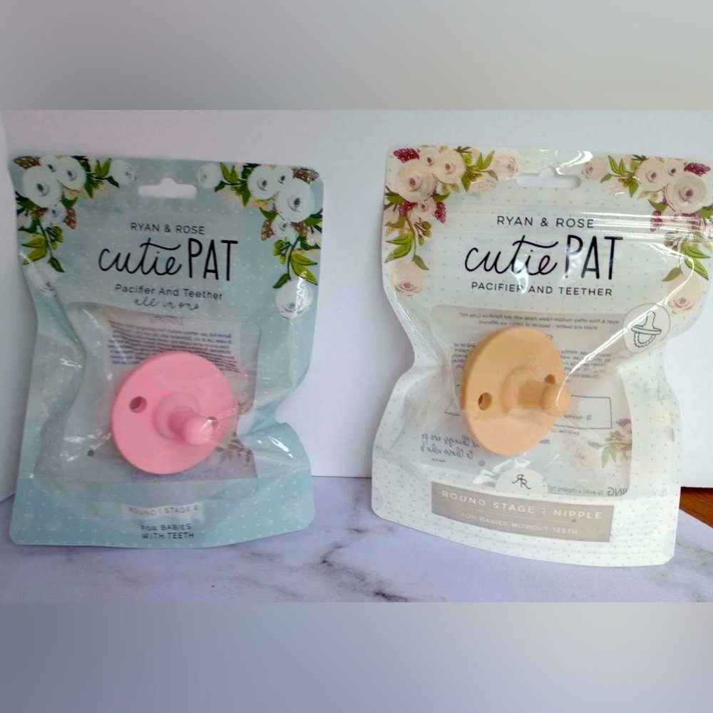 (2) RYAN & ROSE cutie PAT Pacifier and Teether Pink Round Stage 1 & 2 BUNDLE